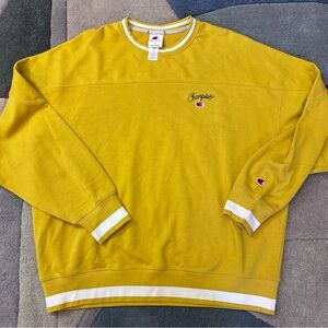 Champion Yellow Crewneck Sweatshirt Large Embroidered Logo Striped Hem Oversized